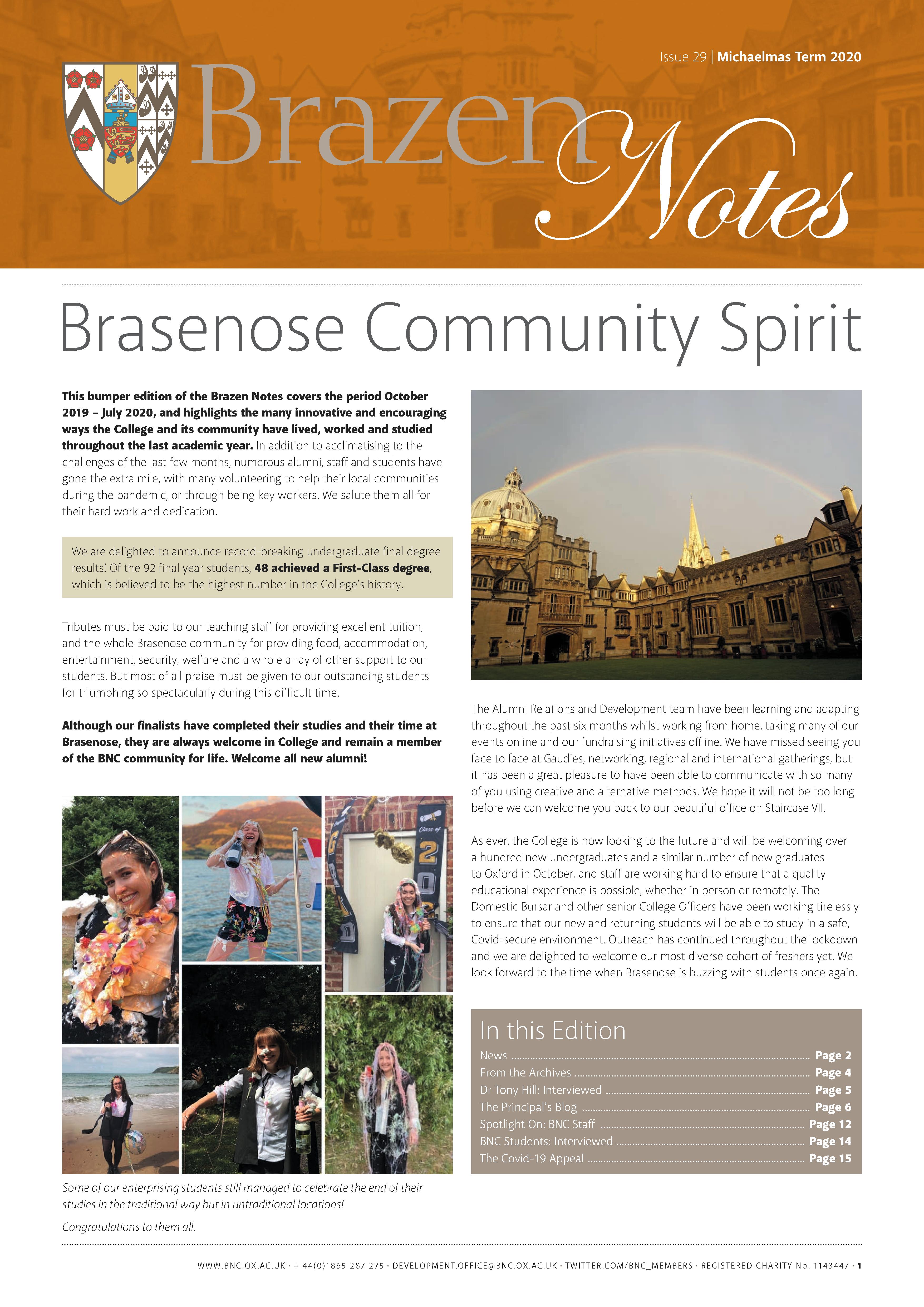 Brazen Notes Michaelmas Term 2020 No.29 front page