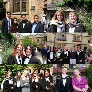 Collage of group photos showing people at college events