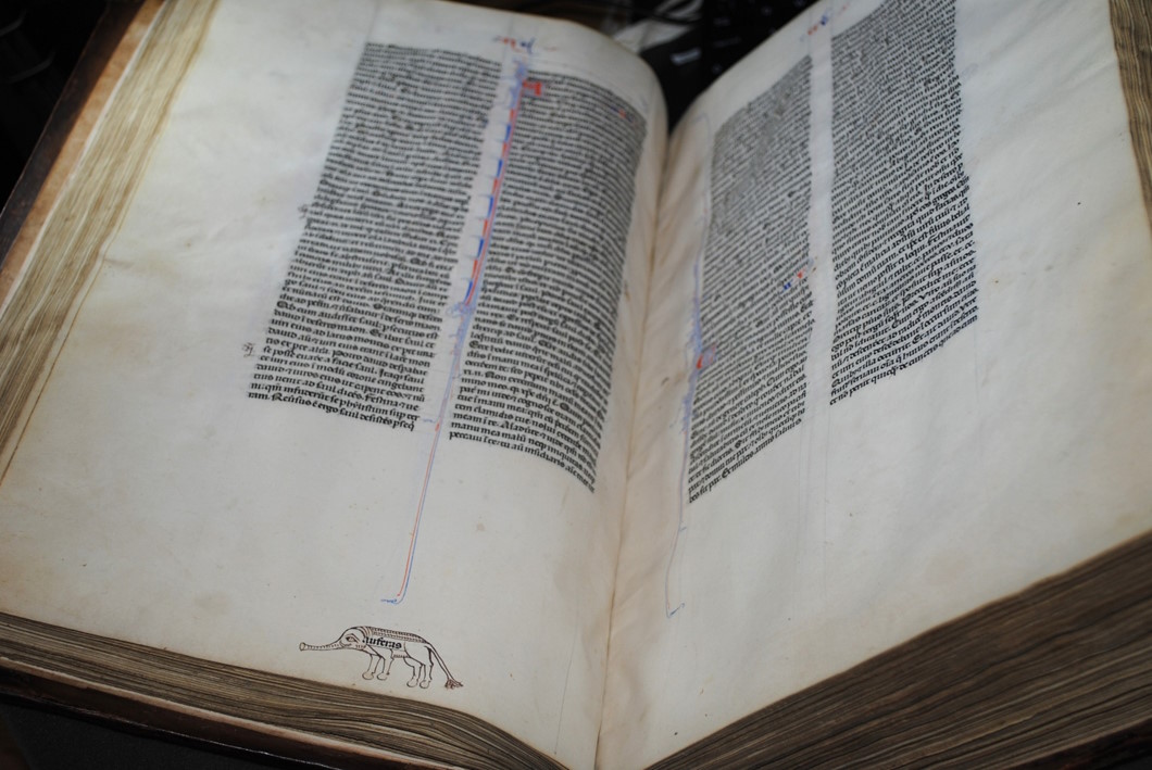 Open medieval manuscript with Latin text in two columns and a small hand-drawn elephant illustration in the lower margin