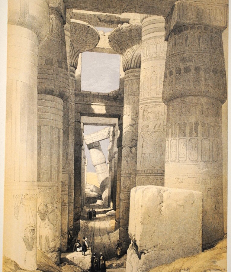 Illustration of ancient Egyptian temple ruins with massive decorated columns and figures exploring the site