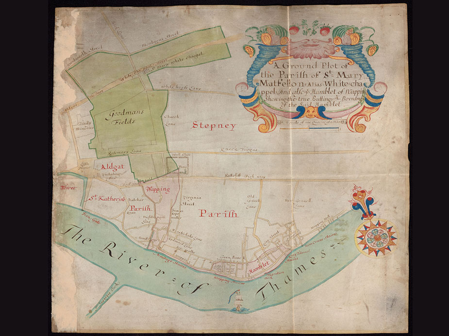 Hand-drawn historic map or plan with coloured section