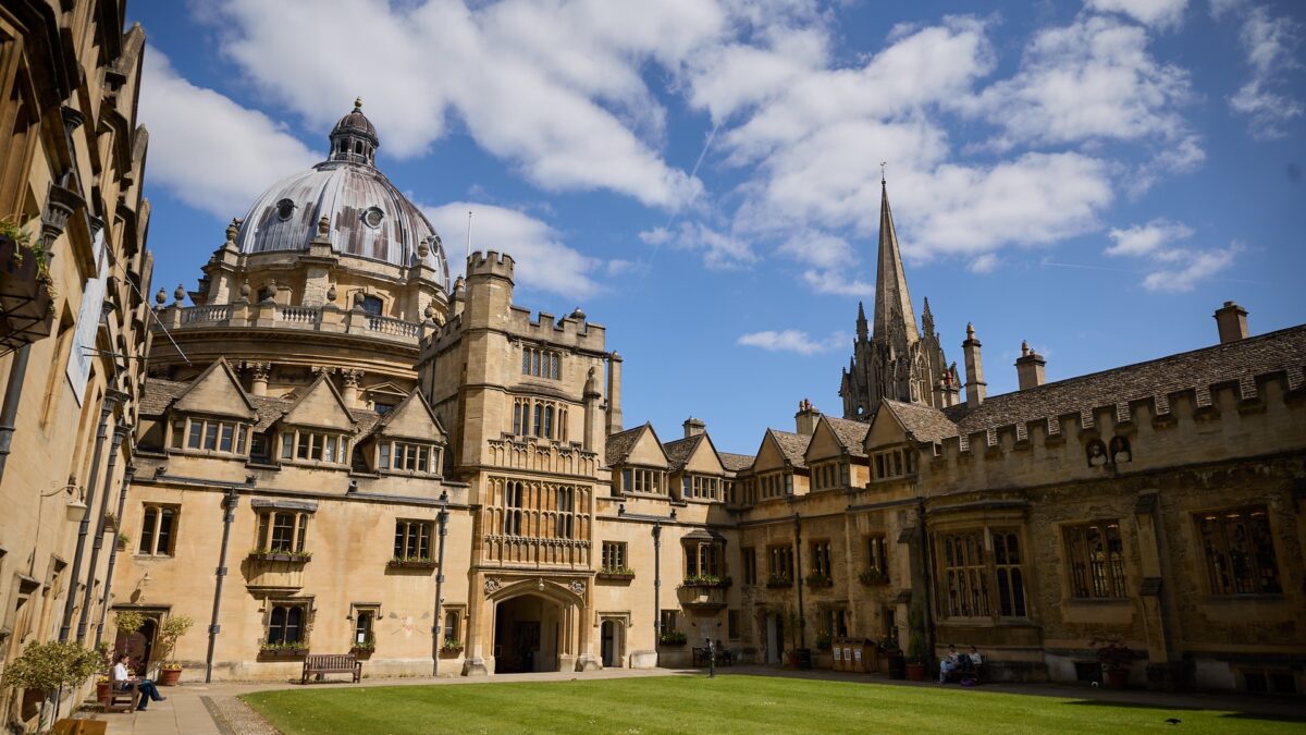 Brasenose quad in the sun with Radcliffe Camera in the background