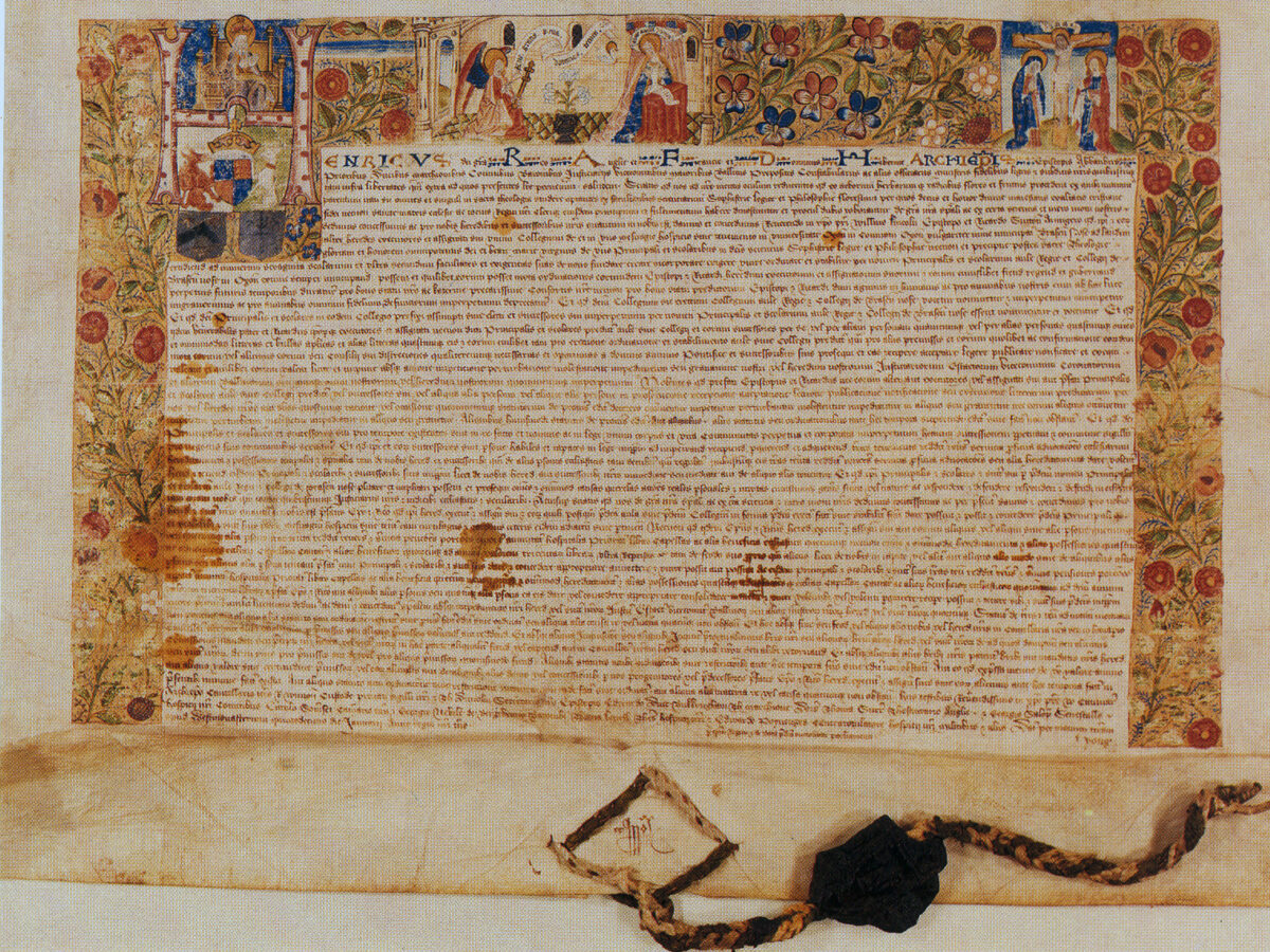 Close-up of a historic parchment document with handwriting: the Brasenose Foundation Charter