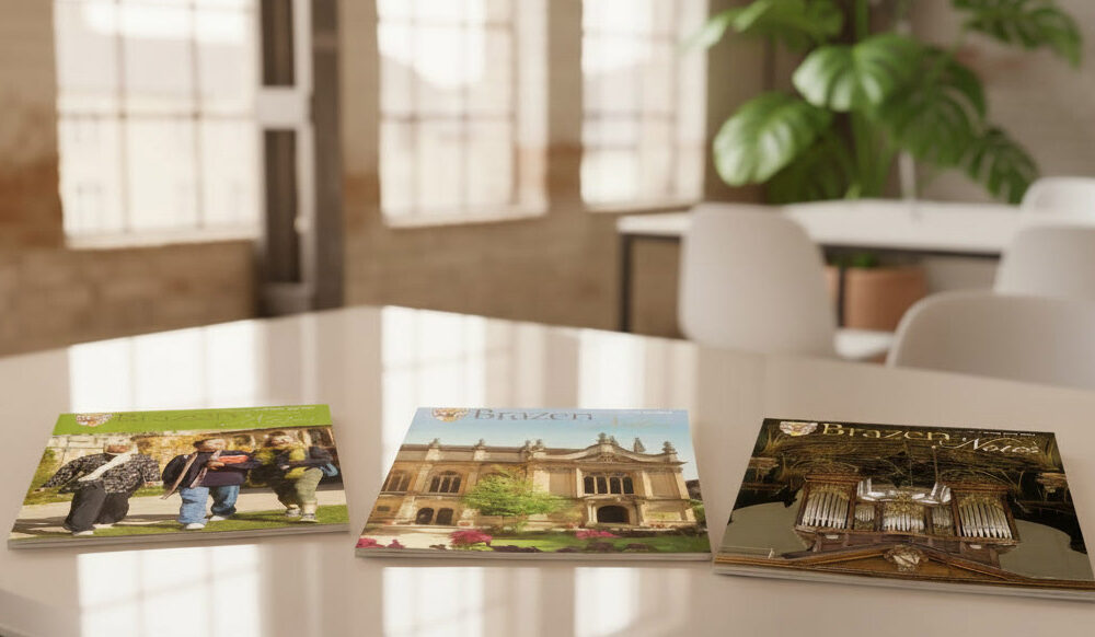 Printed Brazen Notes displayed on a table indoors