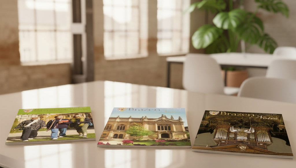 Printed Brazen Notes displayed on a table indoors
