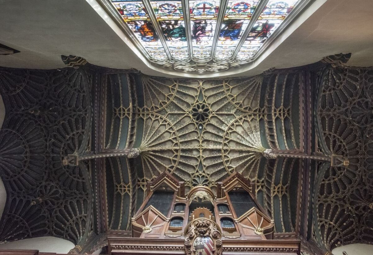 The ornately painted ceiling in the Chapel as viewed from directly below