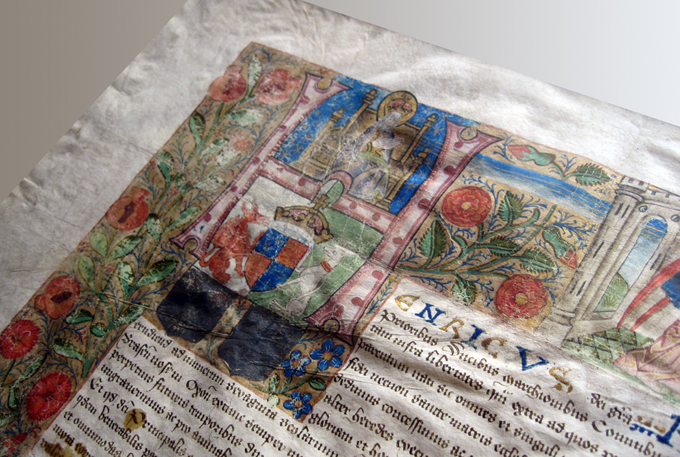 Close-up of a historic illuminated manuscript page: the Foundation Charter