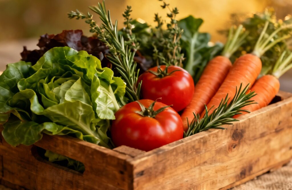 Crate of fresh vegetables including tomatoes and carrots