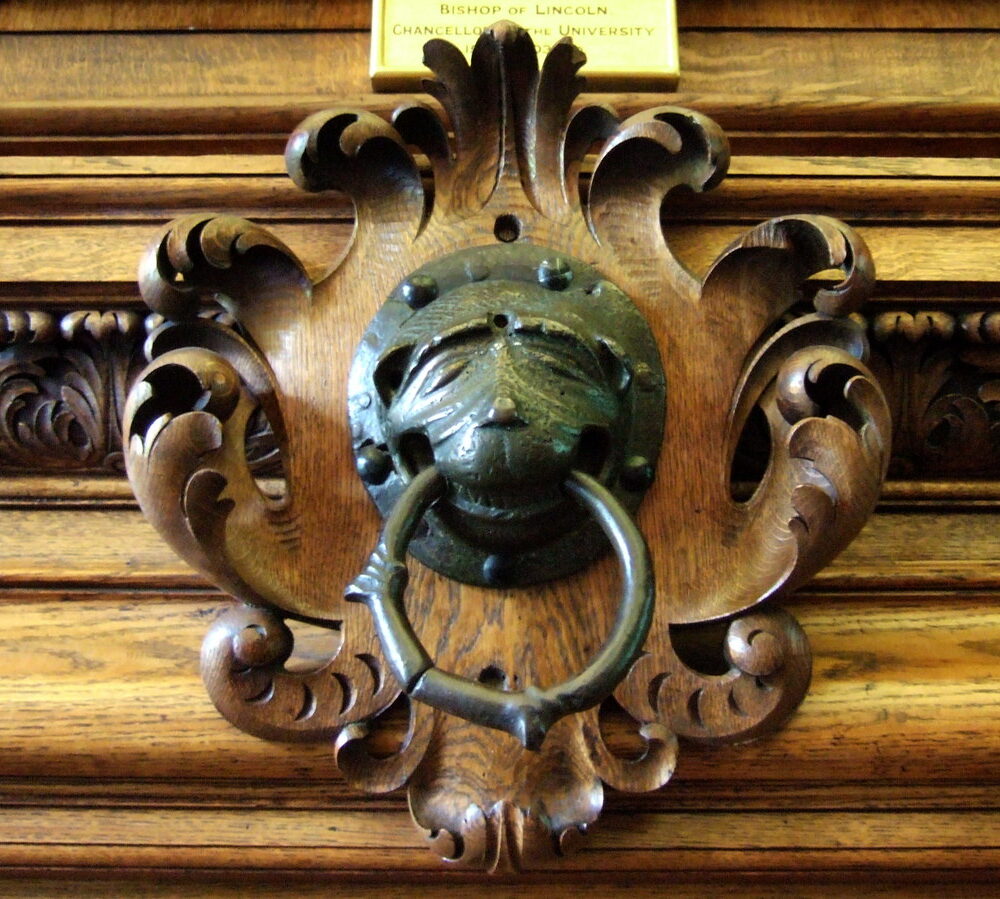Image of Brass door knocker from Brasenose College. Kept above high table in the College hall.