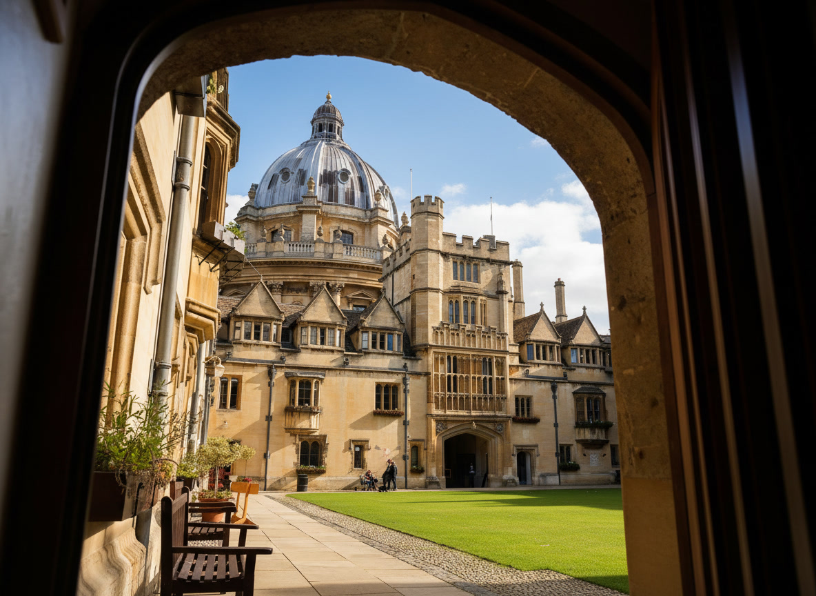 View through an arched doorway into the quad with the Radcliffe Camera in the background