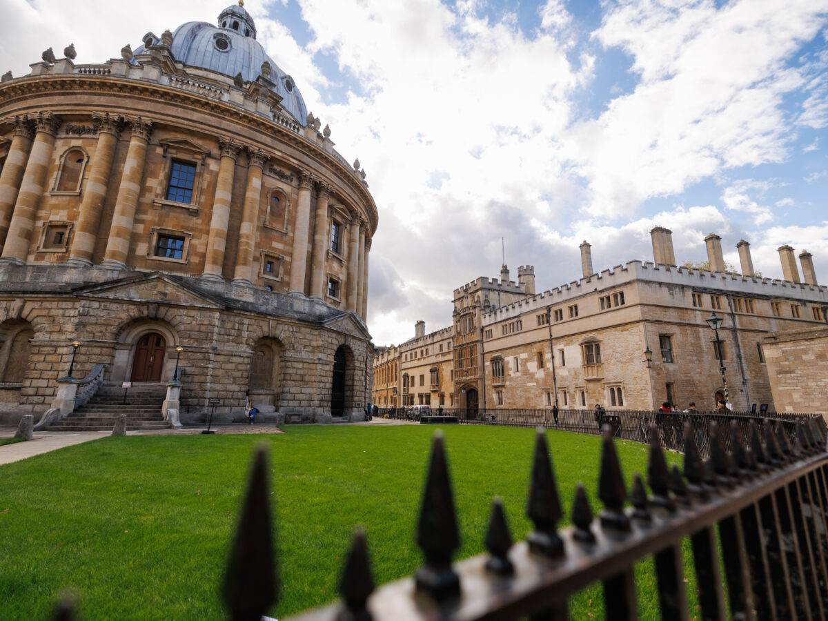 The Radcliffe Camera to the left looking at Brasenose College in the distance across the square.