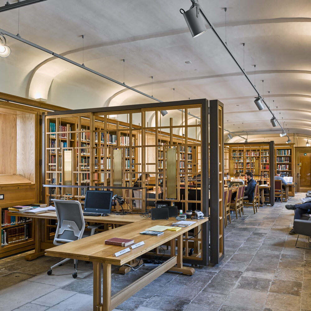 The Smith Reading Room, also known as Old Cloisters, with desks and bookshelves