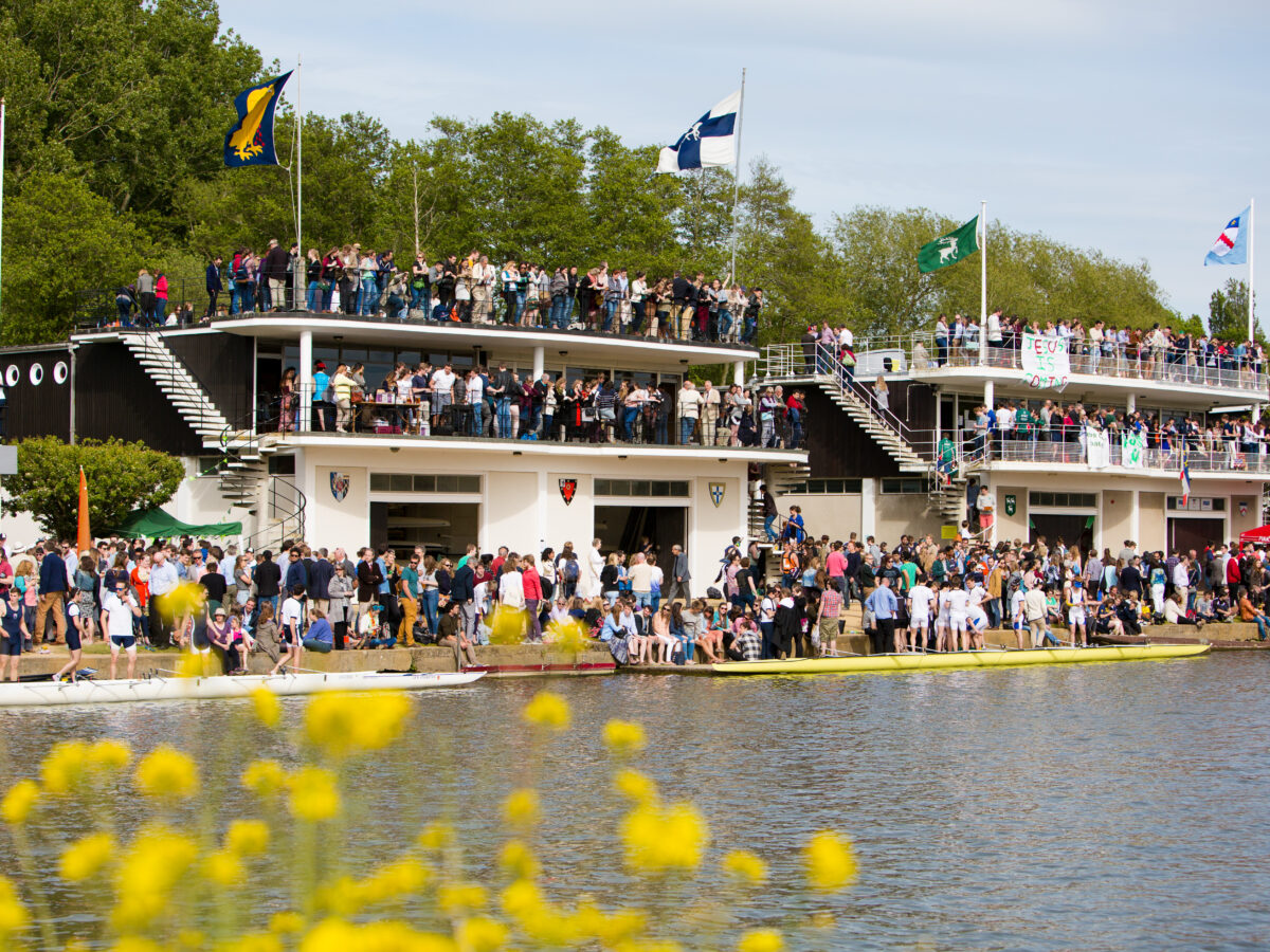 Crowds gathered along a riverbank watching boats on the water