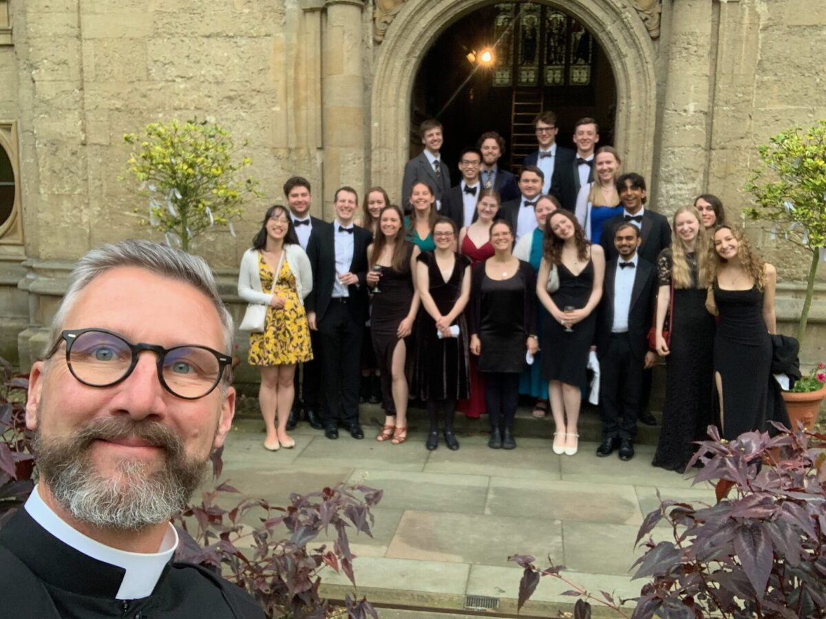 Members of the college community gathered outside the chapel