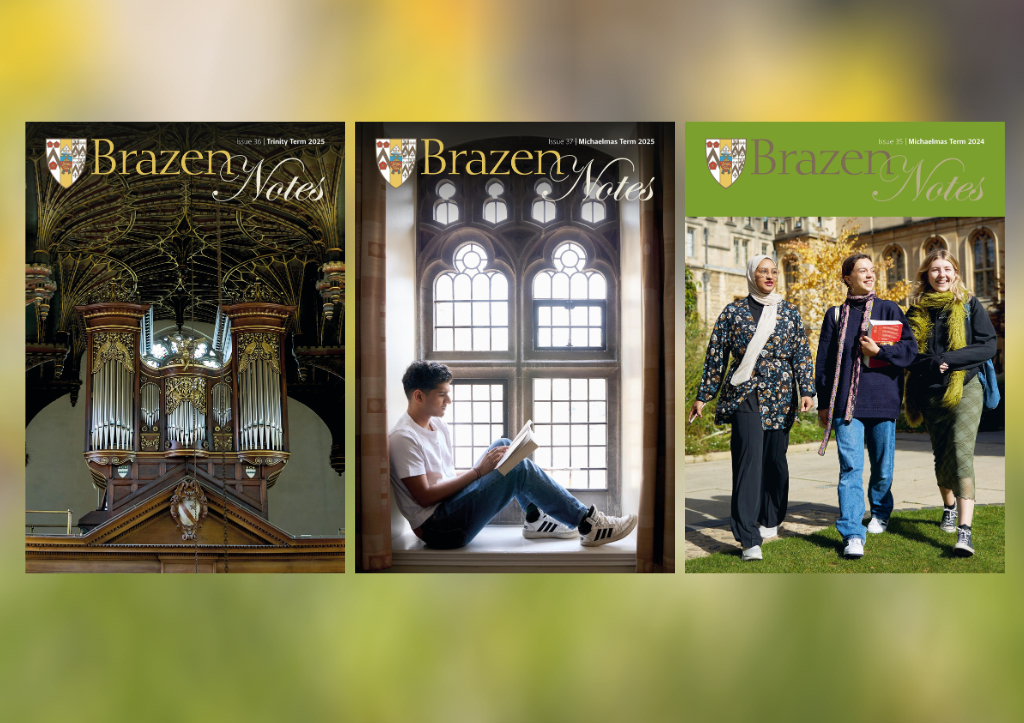 Three 'Brazen Notes' magazine covers on a dappled green background.