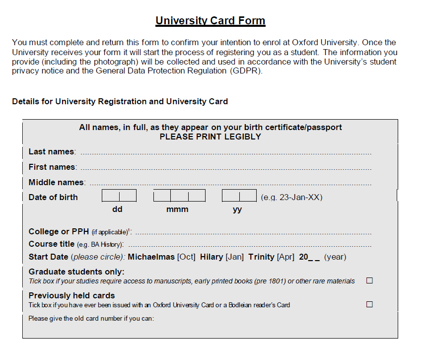 University card form