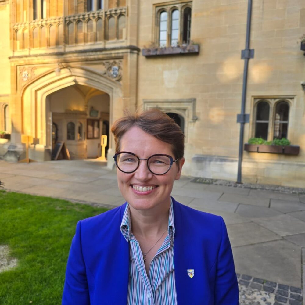 Principal Alyson King in the Old Quad of Brasenose College